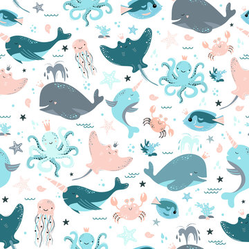 Cute seamless pattern with fish, whale, slope, crab, jellyfish, starfish, narwhal, octopus.