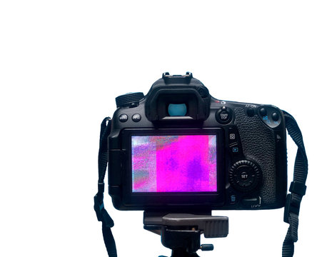 DSLR LCD display screen with Pixel texture of the camera matrix on a tripod on White Background - Powered by Adobe