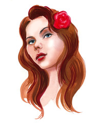 Beautiful woman with a red flower in her hair. Ink and watercolor illustration