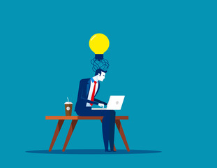 Business person connecting brain into ideas. Concept business vector illustration, Analysis, Lightbulb, Brainstorming.