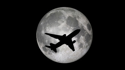 3d rendering moon and plane silhouette