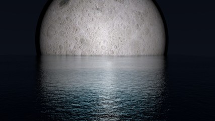 3d rendering moon with flares on water
