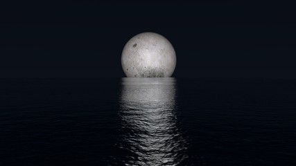 3d rendering moon with flares on water