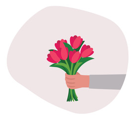 Romantic surprise. Hand holding a bouquet of flowers. Happy Women's Day, Valentine's Day. Anniversary, birthday. Flat design illustration.