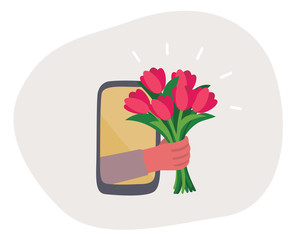 Online flower delivery. Tulips bouquet coming out of mobile screen. Sms with bouquet of flowers. Online dating concept. Flat design illustration.