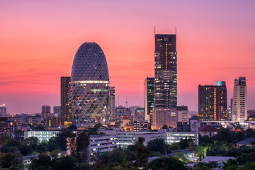 Aerial view of Bangkok city downtown with wonderful sunset sky, Bangkok city buildings cityscape at Phaholyothin , Samsen Nai,  Phaya Thai, Bangkok.