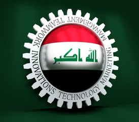 Cog wheel with Iraq flag. Precision machinery relative backdrop. 3D rendering