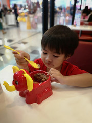 The boy is eating chocolate ice cream in an ice cream shop.