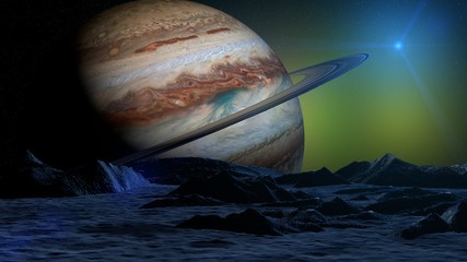 3d rendering saturn planet on moon ground