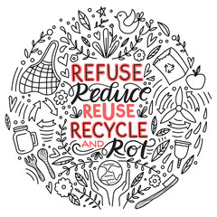 Zero waste concept, recycle and reuse, reduce - ecological lifestyle, set with lettering