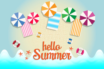 Summer Sale banner and background with sea beach, umbella and mat. Vacation and holiday concept.