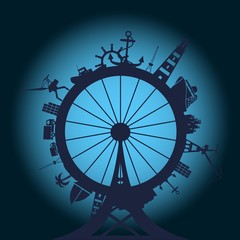 Circle with sea shipping and travel relative silhouettes. Vector illustration. Objects located around ferris wheel. Industrial design background.