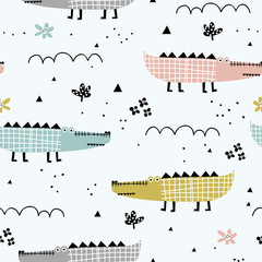 Childish seamless pattern with cute alligator and tropical plants. Perfect for kids fabric, textile, nursery wallpaper. Creative jungle childish texture. Scandinavian style.