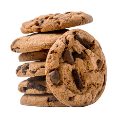Stacked Chocolate chip cookies isolated on white background. Homemade cookies.