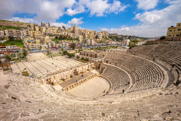 Aerial view of Roman Theatre in Amman, Jordan - obrazy, fototapety, plakaty