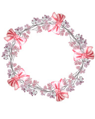  watercolor wreath of pink branches and a bow