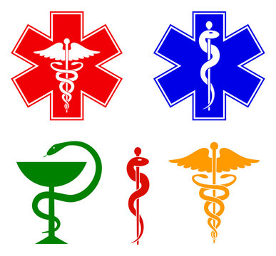 Medical international symbols set. Star of life, staff of Asclepius, caduceus, bowl with a snake. Isolated symbols on white background. Vector illustration.