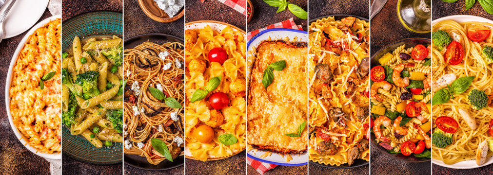 Collage of various pasta dishes.