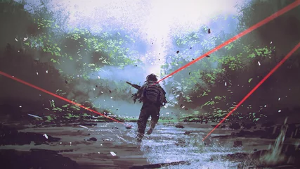 Tuinposter soldiers running away from the enemy's attack, digital art style, illustration painting © grandfailure
