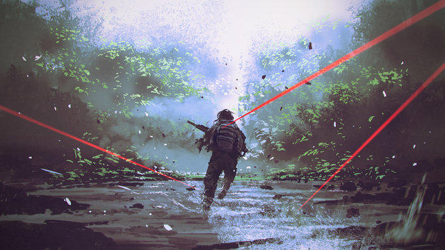 soldiers running away from the enemy's attack, digital art style, illustration painting