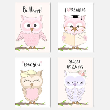 Cute owl animal cartoon and text card set illustration