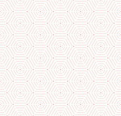 Geometric repeating vector ornament with hexagonal dotted elements. Geometric modern ornament. Seamless abstract modern dotted pink pattern