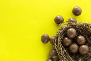 Chocolate eggs in bird nest , Easter holiday decorations , Easter concept background. Eggs hunt.