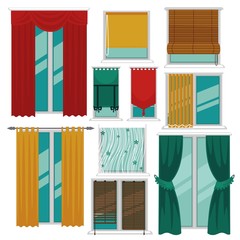 Curtains blinds and shutters on windows fabric and wood interior design