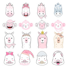 Cute baby animal cartoon character set illustration