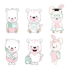Cute baby animal cartoon back to school set illustration