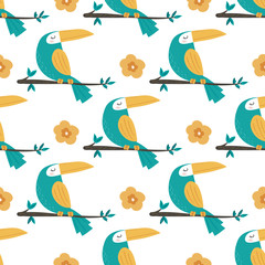 Toucans seamless pattern background. Birds sitting on branch, tropical leaves and flowers. Vector illustration.