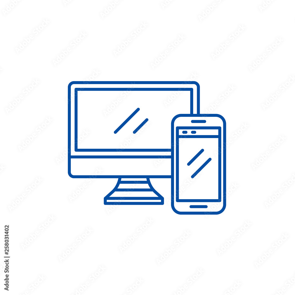Poster computer and smartphone line concept icon. computer and smartphone flat vector website sign, outline
