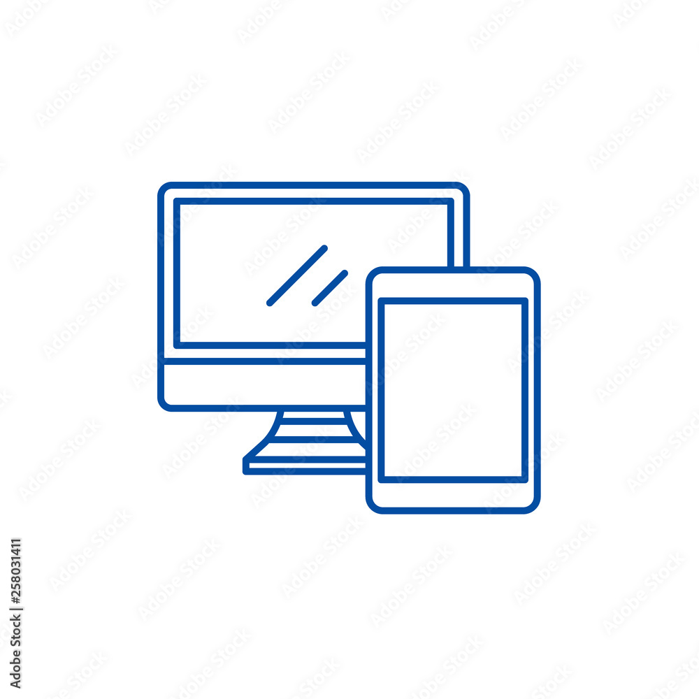 Poster computer and tablet line concept icon. computer and tablet flat vector website sign, outline symbol,