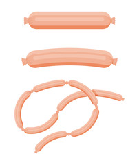 Sausages product of meat beef, pork or chicken. Uncooked raw sausage. Vector illustration in flat style