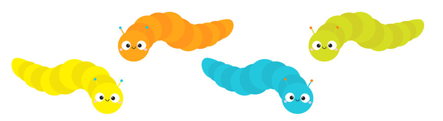Caterpillar insect icon set line. Baby collection. Crawling catapillar bug. Cute cartoon funny character. Smiling face. Flat design. Colorful bright blue green color. White background Isolated.