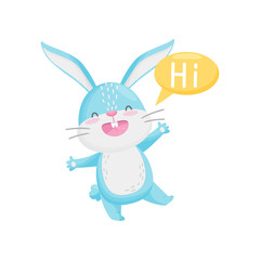 Greeting cartoon rabbit. Blue happy bunny concept.
