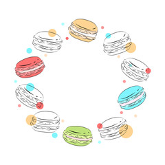 Round frame of delicate contour macaroons with multicolored dots. Vector template for cards, makeup, menu and your creativity