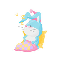 Rabbit sleeping in bed on white background. Vector illustration.