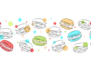 Seamless border of delicate contour macaroons with color dots. Vector element for frames, cards, backgrounds and your creativity.