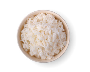 bowl full of rice on white background.