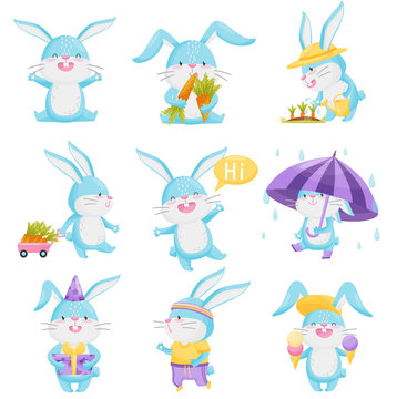 Collection of cartoon rabbits on white background.