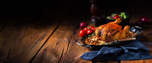 Grilled spicy chicken with barley groats and mushrooms