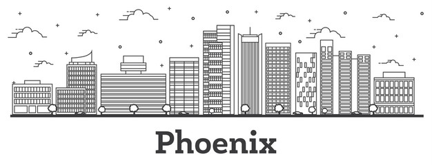 Outline Phoenix Arizona City Skyline with Modern Buildings Isolated on White.