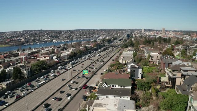 Aerial / drone video of Lake Union and downtown Seattle from Capitol Hill and Eastlake