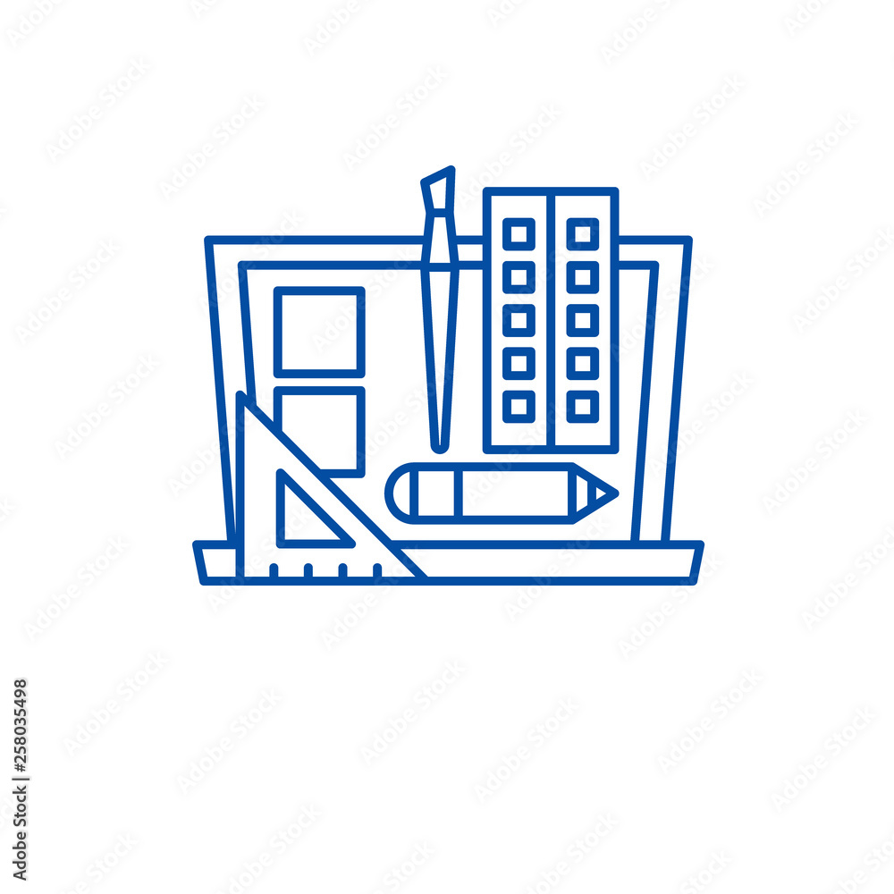 Poster design development line concept icon. design development flat vector website sign, outline symbol, i