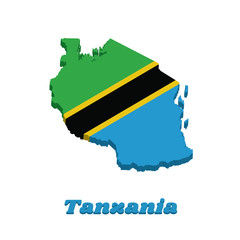 Obraz premium 3D Map outline and flag of Tanzania, A yellow-edged black diagonal band: the upper triangle is green and the lower triangle is blue.