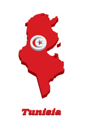 3D Map outline and flag of Tunisia, it is The red and white flag with star and crescent in center.