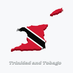 3D Map outline and flag of Trinidad and Tobago. A red field with a white-edged black diagonal band from the upper hoist-side to the lower fly-side.