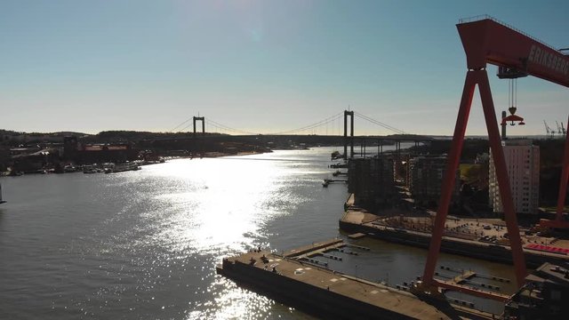 Aerial footage over location called Eriksberg in Gothenburg, Sweden. Showing Alvsborgsbron