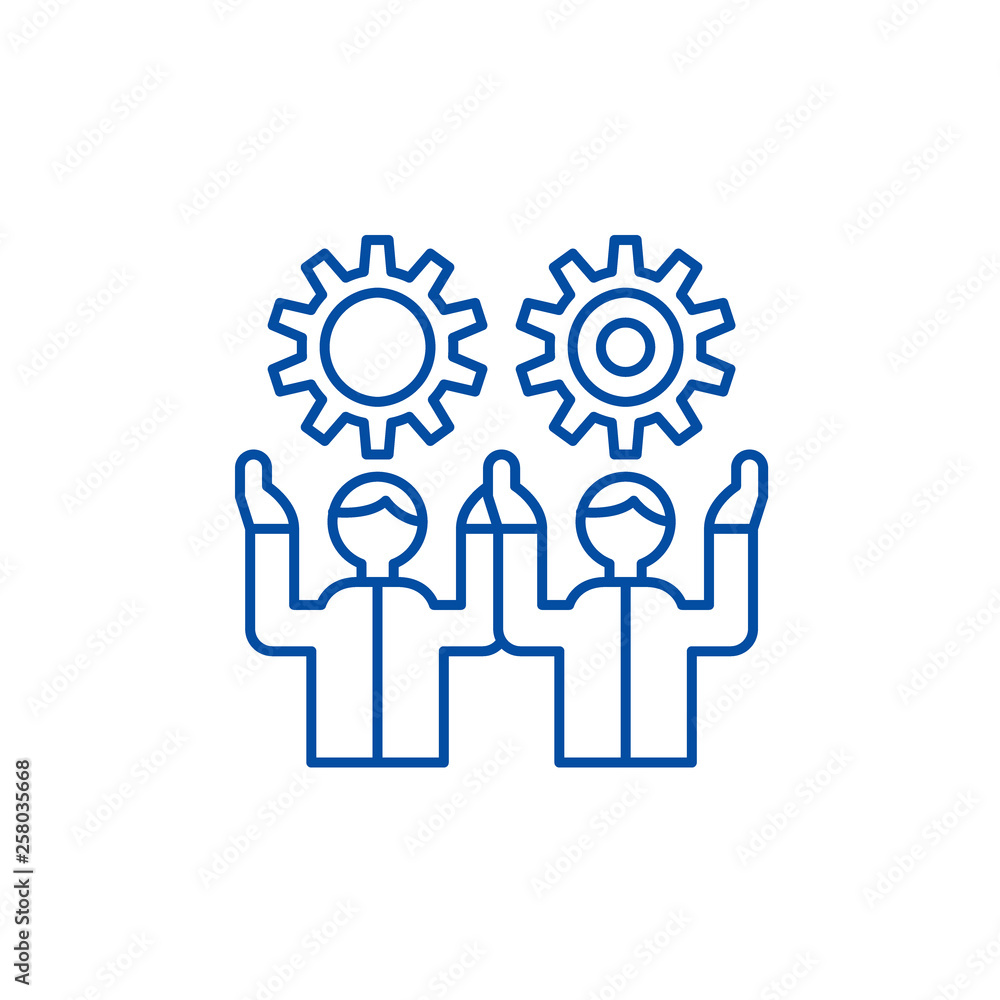Poster development team line concept icon. development team flat vector website sign, outline symbol, illus